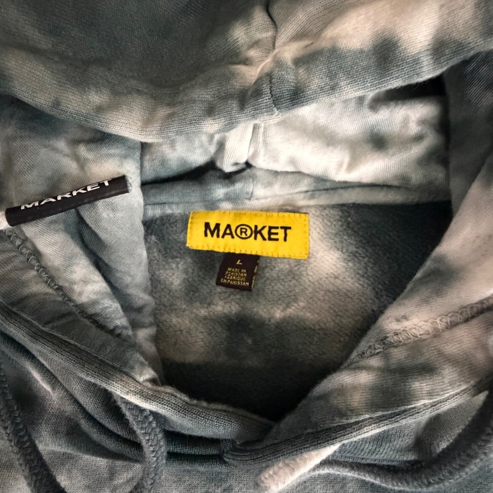 Market Hoodie Mens L Green Tie Dye Arched Logo Pullover Streetwear Skater Urban - Picture 5 of 9
